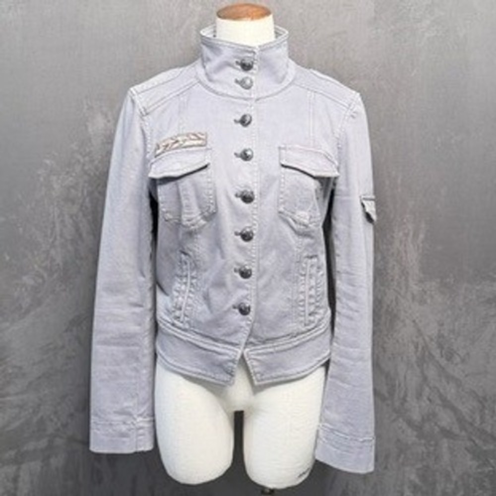 White House Black Market Military Jacket Women 8 Gray Button Front High Neck Y2K